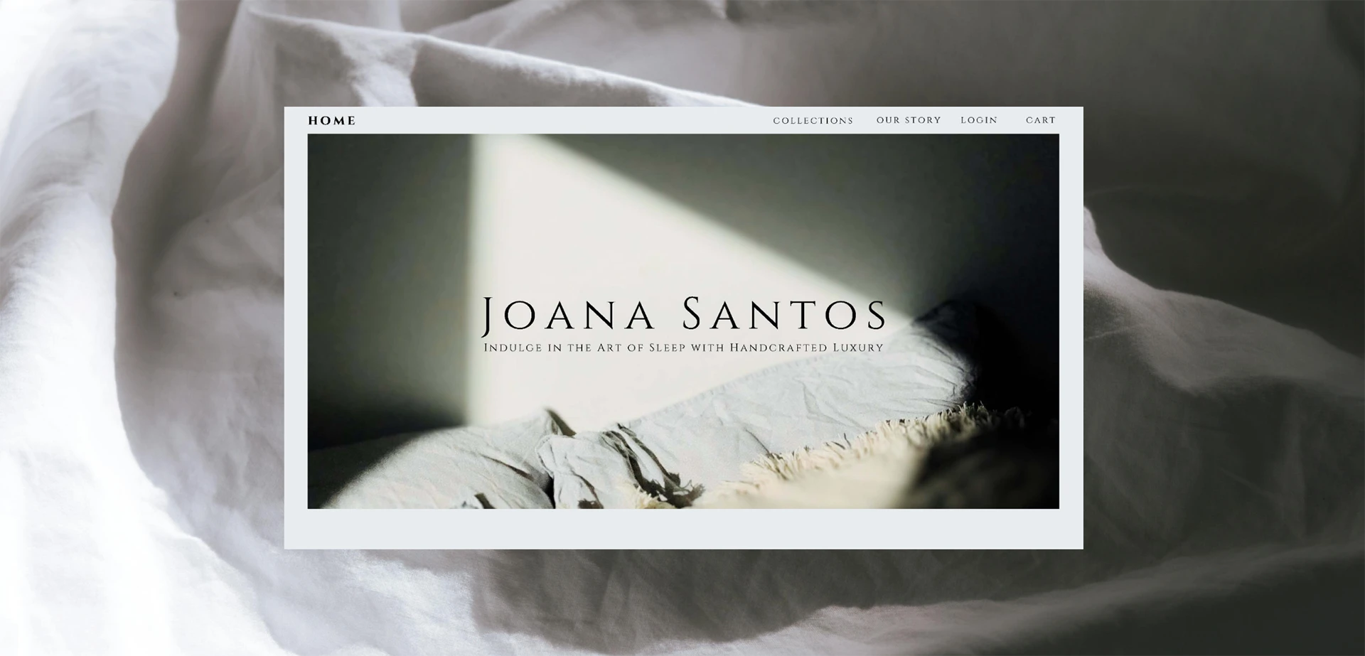 Showcase image of a moody luxury bed sheets store website 