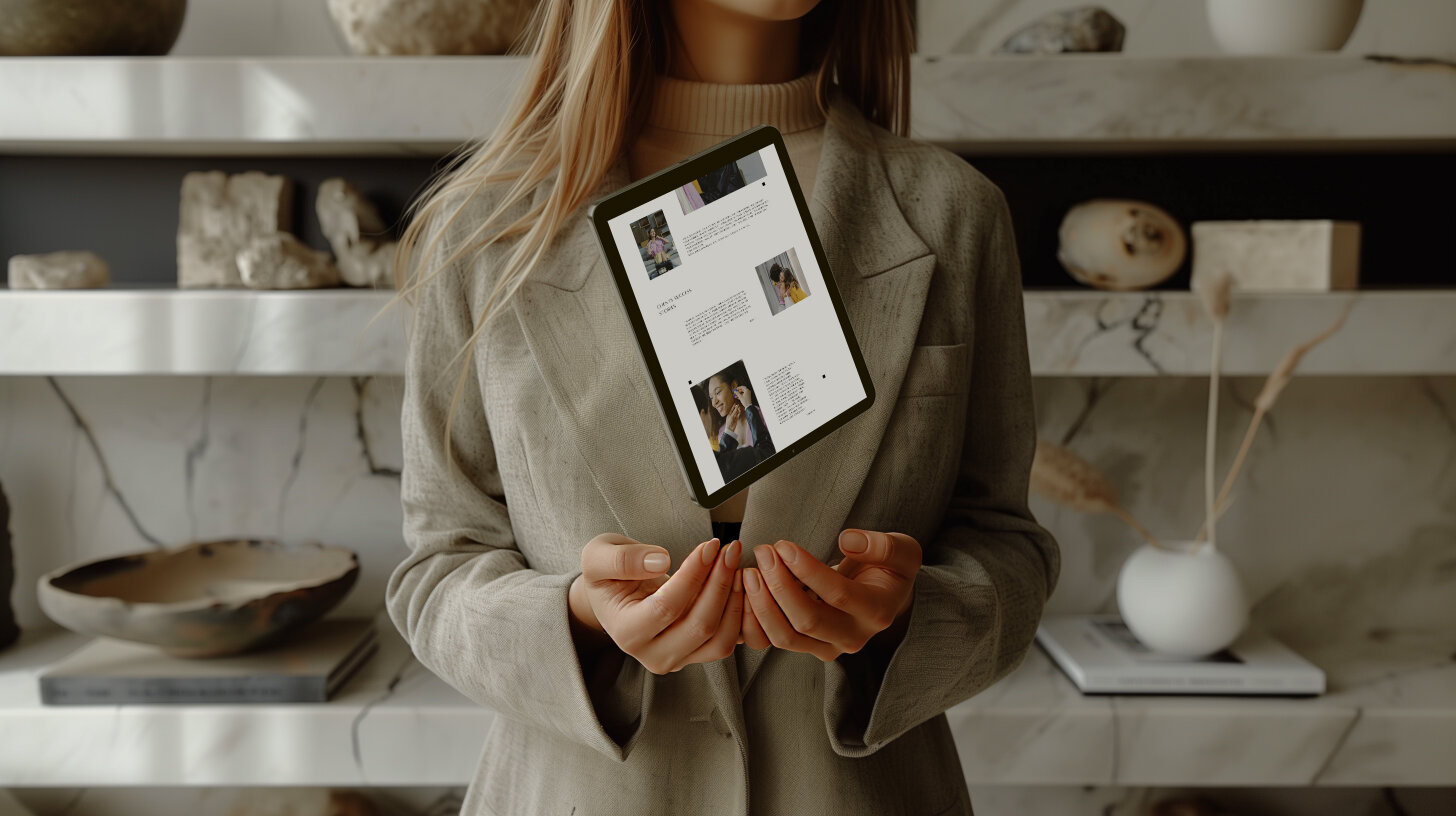 A blond woman with a tablet floatingover her hands