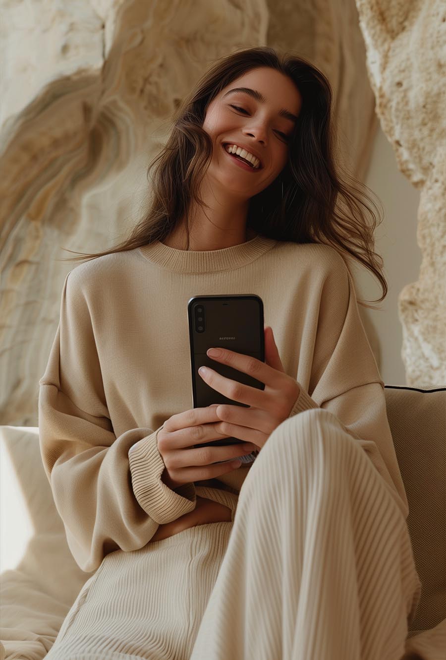 A brunette woman smiling while looking at her phone