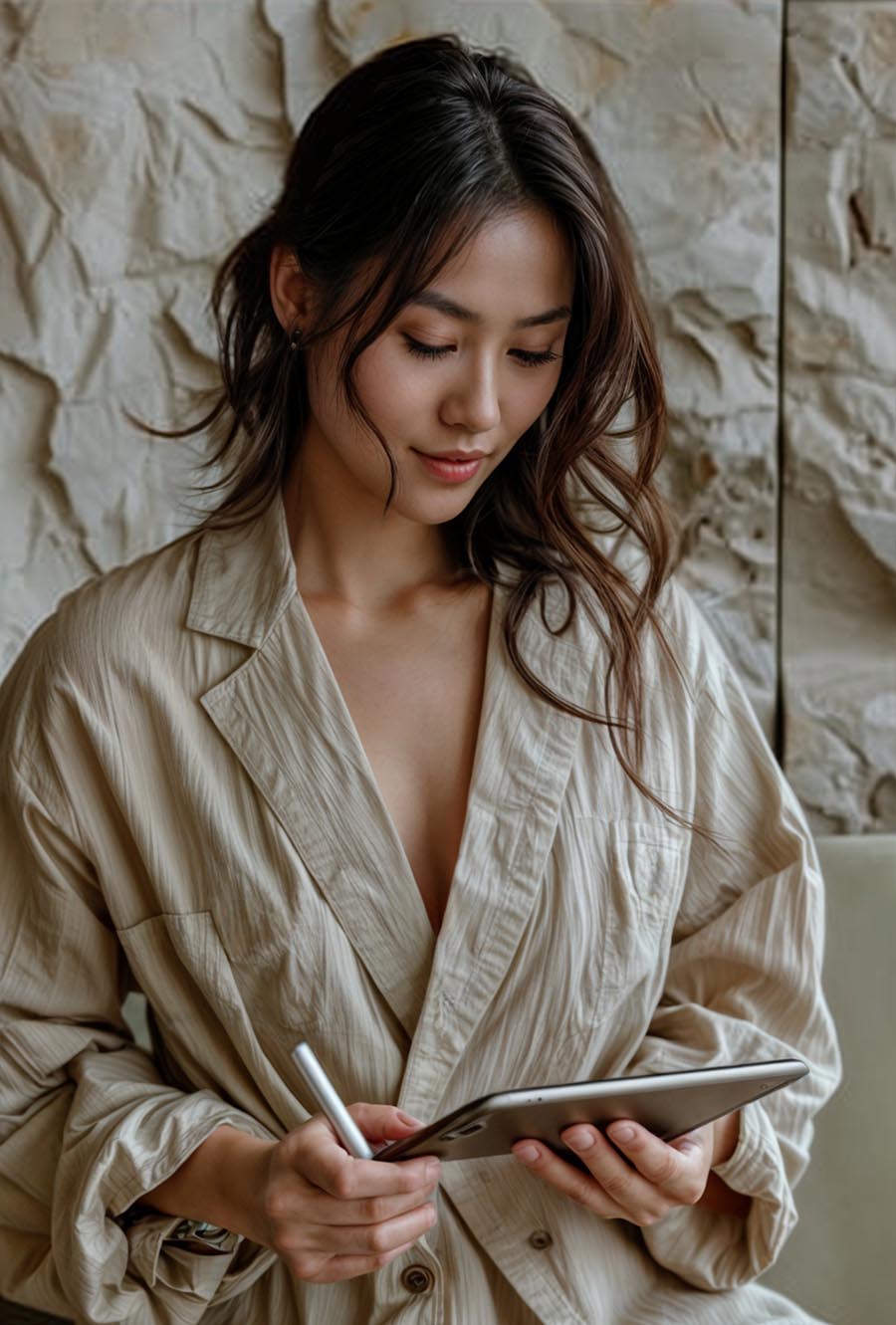 An asian woman smiling while looking at her tablet