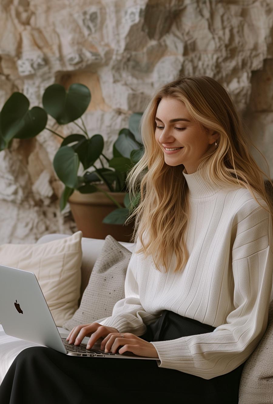 A blond woman smiling while looking at her laptop